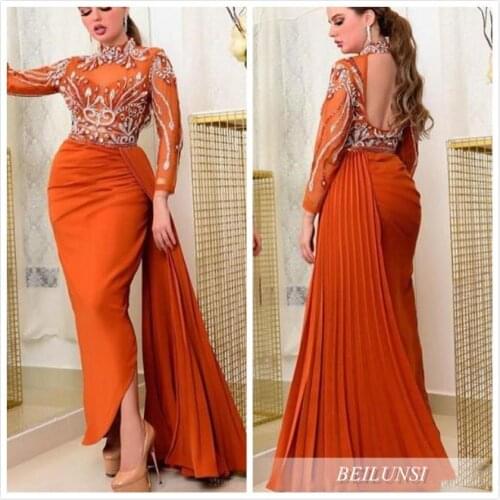 Orange Muslim Evening Dresses Mermaid High Neck Beaded Crystals Backless Prom Dresses Formal Party Second Reception Go