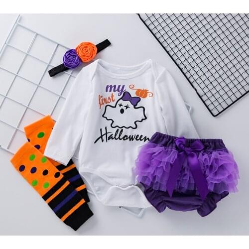 4 PCS Newborn Baby Girls Halloween Party Clothing Cotton Long Sleeve Romper PP Pants Costume