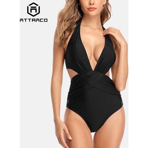 Attraco Swimsuit Women Swimwear Monokini One-piece Backless V-Neck Print Bathing Suit Deep Plunge Beachwear