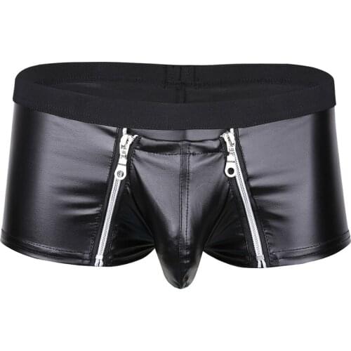 Sexy Mens Lingerie Clubwear Panties Faux Leather Zipper Jockstraps Bulge Pouch Gay Fashion Boxer Shorts Underwear Underpants