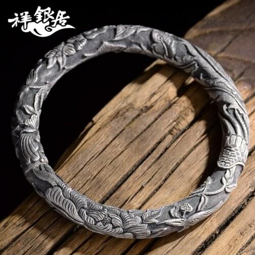 Silver phoenix retro S999 fine silver bracelet in original design silver bracelet peony cylindrical silver bracelet