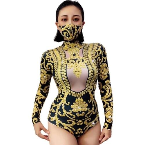 Court Print Gold Rhinsetone Bodysuit For Women Singer Gogo Dancer Pole Dance Costume Celebrate Wear Party Outfit Skinny DNV14237