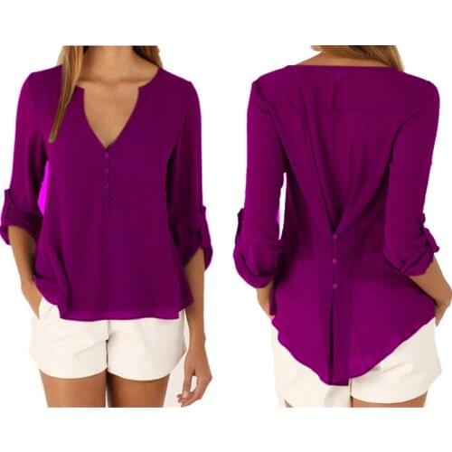 Woman Button V-neck Simple Black Chiffon Shirt Autumn Long Sleeve Pullover Tops Fashion Ladies Irregular Plus Size Street Blouse