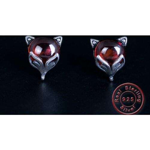 Amxiu Vintage Antique Silver Earrings Red Garnet Fox Earrings For Women Girls Gift Bijoux 100% 925 Sterling Silver Stud Earrings