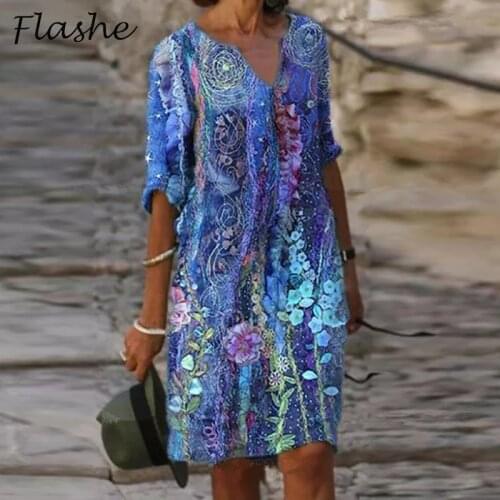 Vintage Dresses For Women V Neck Half Sleeve Loose Dress Women Spring Summer Dress Plus Size New Floral Print Party Dress 2021