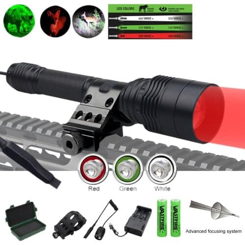 500yards Zoomable LED Tactical Flashlight Red Green White Super Bright Torch Lamp Rechargeable Hunting Fishing Flashlight