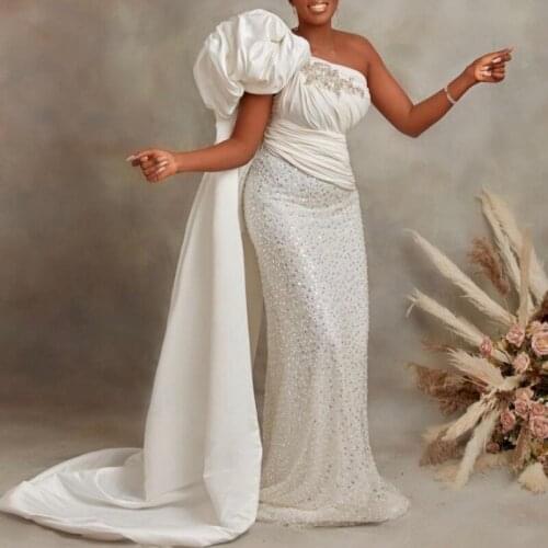 White One Shoulder Satin And Sequined Prom Dresses Ruched Sweep Train Appliques Beaded Evening Gowns Aso Ebi Style Women Dress