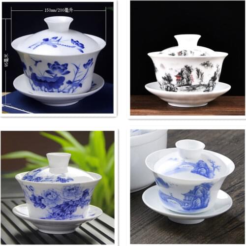Handpainted Big Bowl Gaiwan Blue Lotus Tea Tureen Jingdezhen Puer Kettle Chawan Tea Accessories