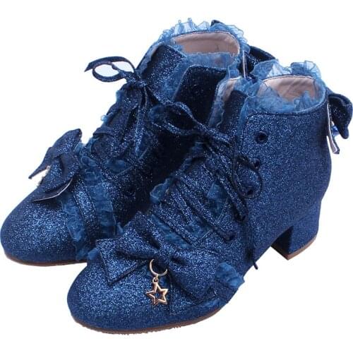 Mid Heel Lolita Boots Sweet Kawaii Lovely Cute Girls Bowknot Lace Up Harujuku Martins Boots Luxury Women Female Lolita Winter