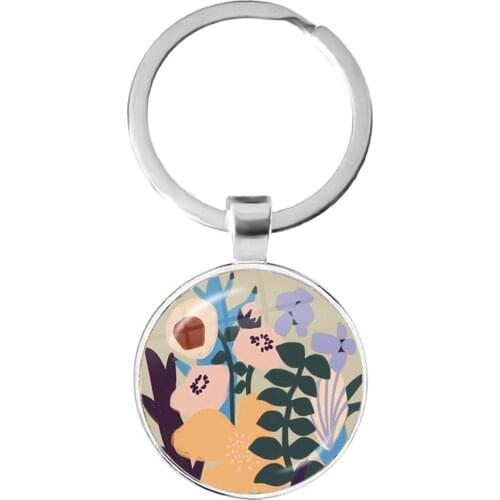 Abstract Flowers Inspired Key Chain Fashion Flower Pendant Keychain Glass Dome Cabochon Car Key Ring Jewelry Wholesale