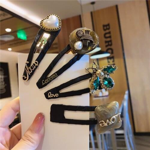 Black White Simple Vintage Bee Bow Heart Hairpin Green Crystal Rhinestone BB Clips Handmade Jewelry for Women Hair Accessories