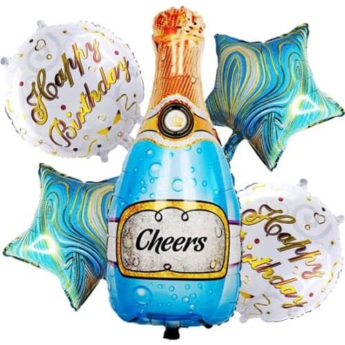 Birthday Decor Blue Cheers Champagne Bottle & 2 Pcs 18 Inch Birthday Balloon And 2 Pcs 18 Inch Agate Star Mylar Foil Balloon