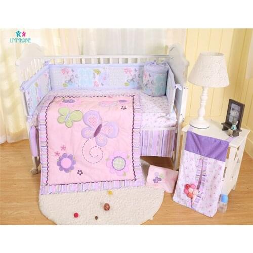 100% Cotton Baby Bed Bumpers Breathable Purple Butterfly Embroidery Baby Girls Bed Sheet Quilt Bed Skirt Baby Crib Bedding Sets