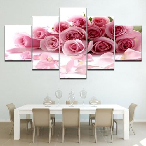 HD Printed Pink Flower Wall Pictures For Living Room Rose Canvas Painting Art Home Decor 5 Piece Modular Decoraction Artwork