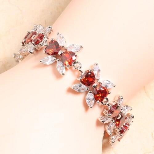 Gracious Butterfly Red Garnet Silver Plated Argent Gems Link Chain Bracelet 6 7 Inch L10008
