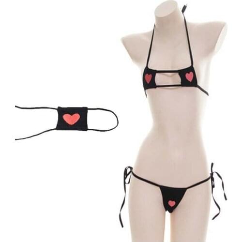 Sexy Lingerie Set Mini Bikini for Women Cute Anime Cosplay Kawaii Bra and Panty with Red Heart Eyepatch Mask