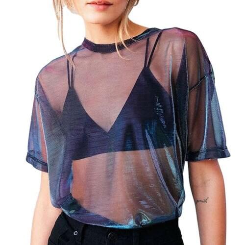 Fashion Women Sequins Tees Camis Tanks Crop Tops Lady Summer Mesh See-Through Vintage Shiny Short Sleeve Party Tees Vest Bandeau