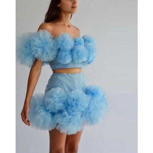 Sky Blue Set Mini Dress Hippie Style Ball Gown Cocktail Dresses Off the Shoulder 2 Pieces Prom Gown Girls Party Formal Dress