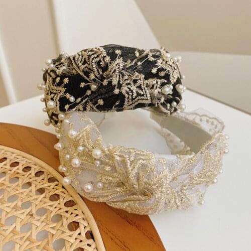 Lace Pearls Hairband New Fashion Women Middle Knot Head Hoop Wide Side Headband Fresh Star Flower Turban Hair Hoop Headdress