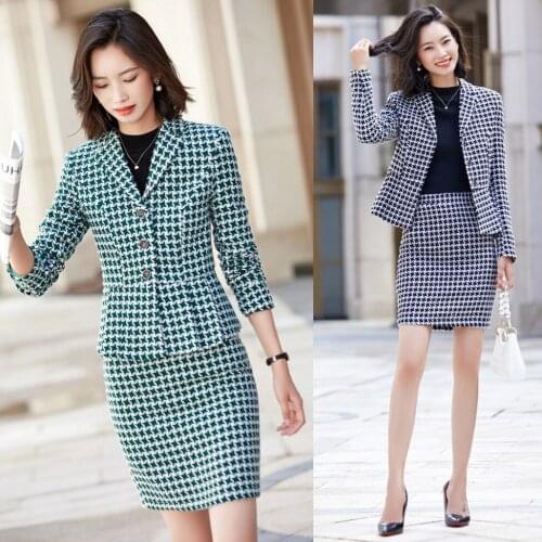 Autumn and Winter Women Business Suits with Skirt and Jacket Sets Green Blazer Ladies Work Office Uniform Styles OL