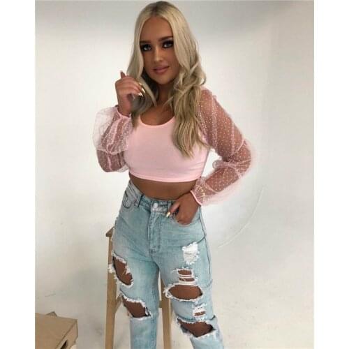 Sexy Solid Color Square Collar Long Puff Polka Dotted See Through Transparent Sleeve Skinny Slim Cropped Blouse 2020 Hot Sale
