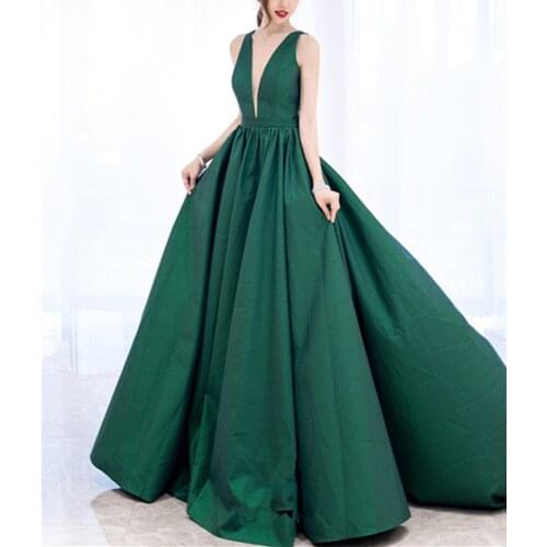Double V Neck Satin A Line Prom Dresses Long for Women 2020 with Pockets Backless Green VS38