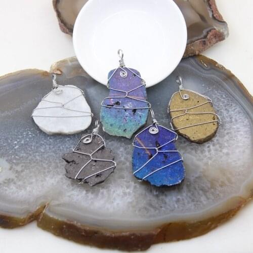 1pcs Natural Geode Agates Pendant Druzy Slice Silvery Wire Wrapped Titanium Quartz Slab Necklace DIY Jewelry For Womans Gift