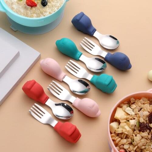 Baby Feeding Spoon Fork Set Training For Toddler Utensils Short Spoon Self Feeding For Toddlers Silicone and Stainless Steel
