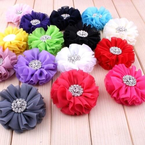 50pcs/lot)2.8" 15 Colors Fluffy Ruffled Flower For Hair Clips Beautiful Chiffon Metal Alloy Button Flower Accessories For Kids