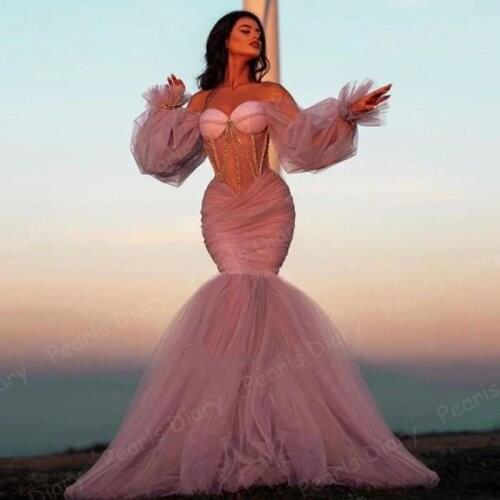 Dusty Pink Arabic Evening Gowns Long Sleeve Haute Dubai Mermaid Prom Dresses 2021 Vestidos Illusion Women Wedding Party Dress