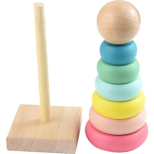 Rainbow Stacker Tower Stacking Rings Wooden Toddler Kids Montessori Toy