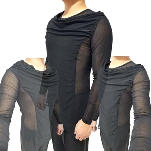 Latin Dance Shirts MenS Adult Round Neck Loose Mesh Stitching Long Sleeved Top Male Rumba Cha Cha Samba Tango Salsa DNV13373