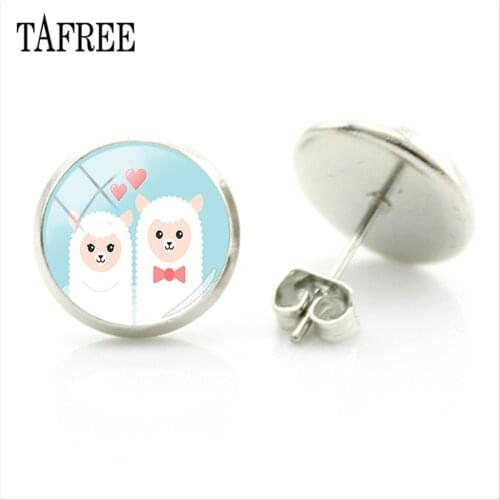 TAFREE Love Heart Alpaca Stud Earrings Animal Llama Pattern Glass Cabochon Earrings For Girls Kids Jewelry Handmade Gtifs YT60