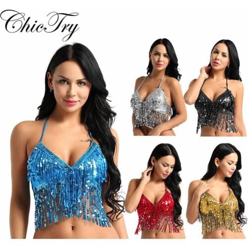 Fashion Women Belly Dance Costume Top Bra Sequins Beads Bells Party Club Crop top Nightclub DJ Dancewear Women Prom Dance Tops