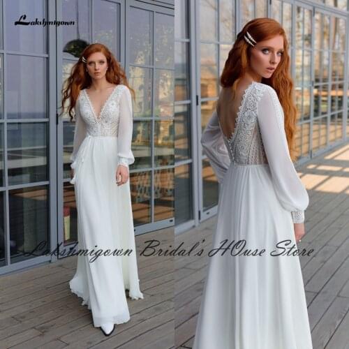 Lakshmigown Vintage Boho Dress Puffy Long Sleeve Bridal Wedding Dresses Open Back 2021 Robes Sexy Women Receipt Party Gowns