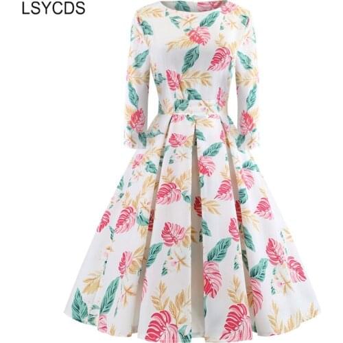 2020 Vintage Retro Dress Autumn Three Quarter Sleeve O Neck A-line Floral Print Dress Elegant Big Swing Party Dress