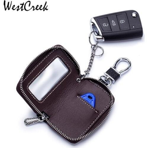 WESTCREEK Brand 2020 New First Layer Cowhide Small Car Key Holder Mens Genuine Leather Zipper Organizer Key Holder Keychain
