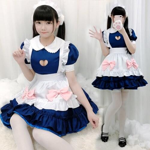 Women Girls JP Anime Kawaii Blue Maid Lolita Dresses Apron Halloween Cosplay Costume Party Role Play Dress Up Waitress Outfit