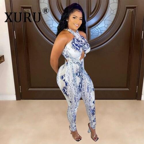 XURU European and American Womens Jumpsuit Snakeskin Pattern Sexy Jumpsuit Skinny Sexy Halter Jumpsuit