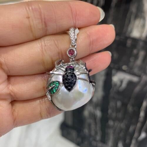 Baroque natural fresh water pearl pendant 925 sterling silver with cubic zircon spider fine women jewelry only 1 piece
