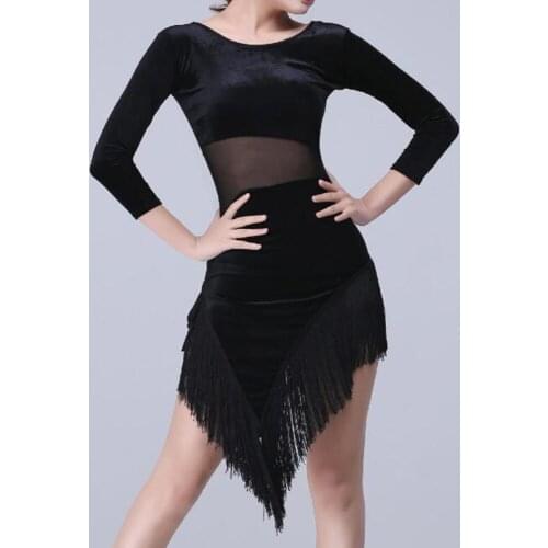 Black Tassel Stage Costume Latin Dance Dress Women Asymmetrical Fringe Dress Plus Size Performance Wear Bodycon Velvet Dress