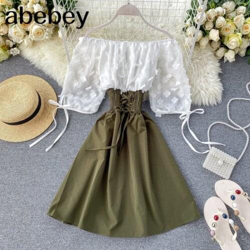 2020 Sexy Off Shoulder patchwork Summer Short Dress Party flower chiffon Slim waist lace up Women casual A-Line beach dress