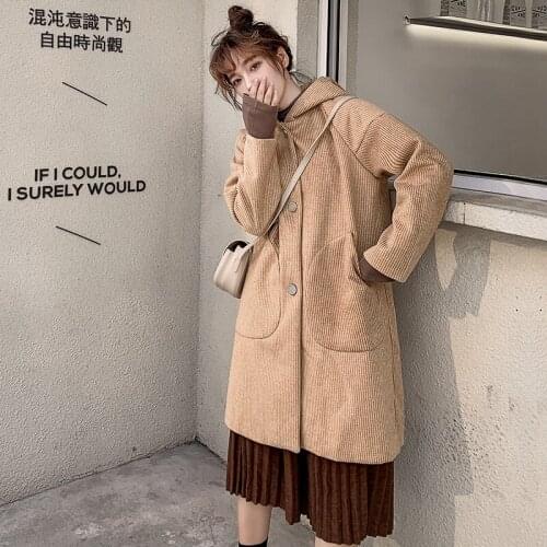 2020 Women Autumn Winter Hooded Alpaca Long Cotton Coat Wool Overcoat Jacket Raglan Sleeve Corduroy Loose Cloak Camel Color