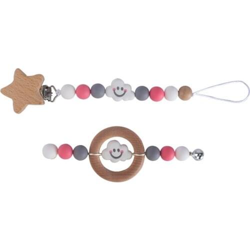 2 Pcs Infant Nipple Clip Holder Teething Soother Molar Creative Baby Pacifier Chain + Wood Ring Silicone Cloud Beads Teether Set