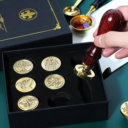 6PCS Suit Wax Seal Stamp Retro Antique Sealing Scrapbooking Stamps HEAD Wedding Decorative Metal Handle Tree FLOWER CROWN ROSE R