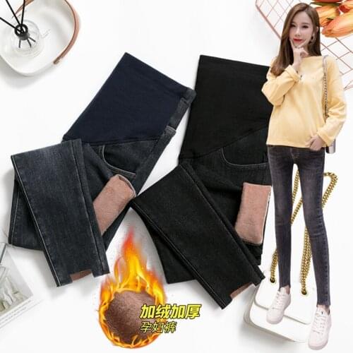 Pregnant women plus velvet jeans winter pregnant womens feet pants thickened warmth fashion jeans stretch tide mom
