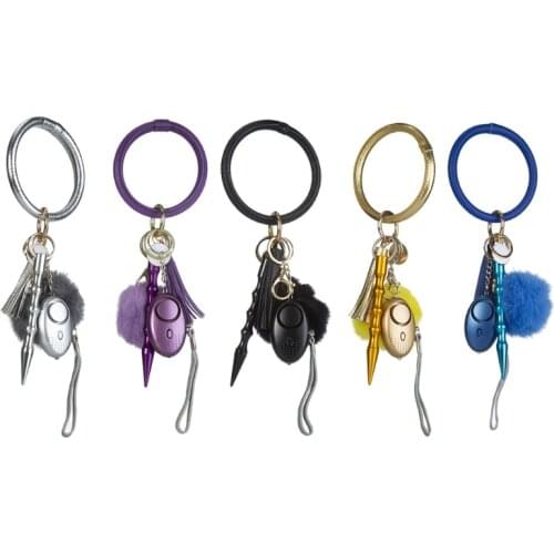 Safe Sound Personal Security Alarm Keychain PU Leather Circle Tassel Pompom Pendant Wristlet Bracelet Hanging Keyring Bangle Ke