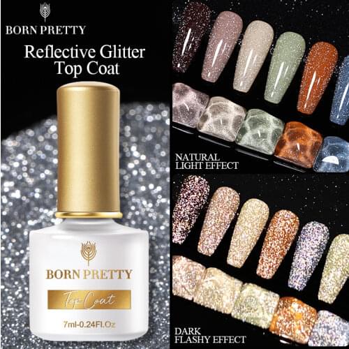 BORN PRETTY 1 Bottle 7ml Reflective Top Coat Function Gel Glitter Laser Silver Top Coat Gel Soak Off Nail Art UV Gel Varnish
