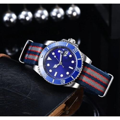 Watch self-winding blue sterile dial ceramic rotating bezel nylon hand strap
