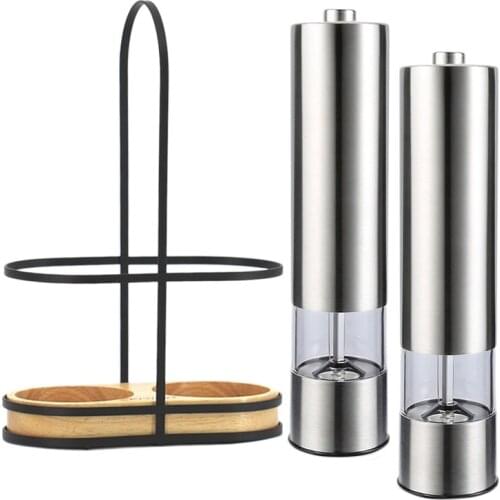 Electric Pepper Mill Grinder Set Stainless Steel Spice Grain Seasoning Grinder with Stand for Cooking Kitchen BBQ Tool